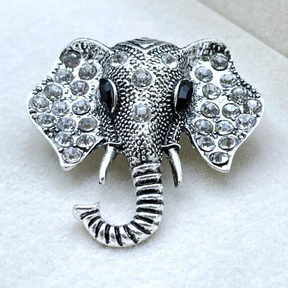 Silver with White Diamond and Black Onyx Crystal Elephant Pin Back Brooch - Picture 4 of 9